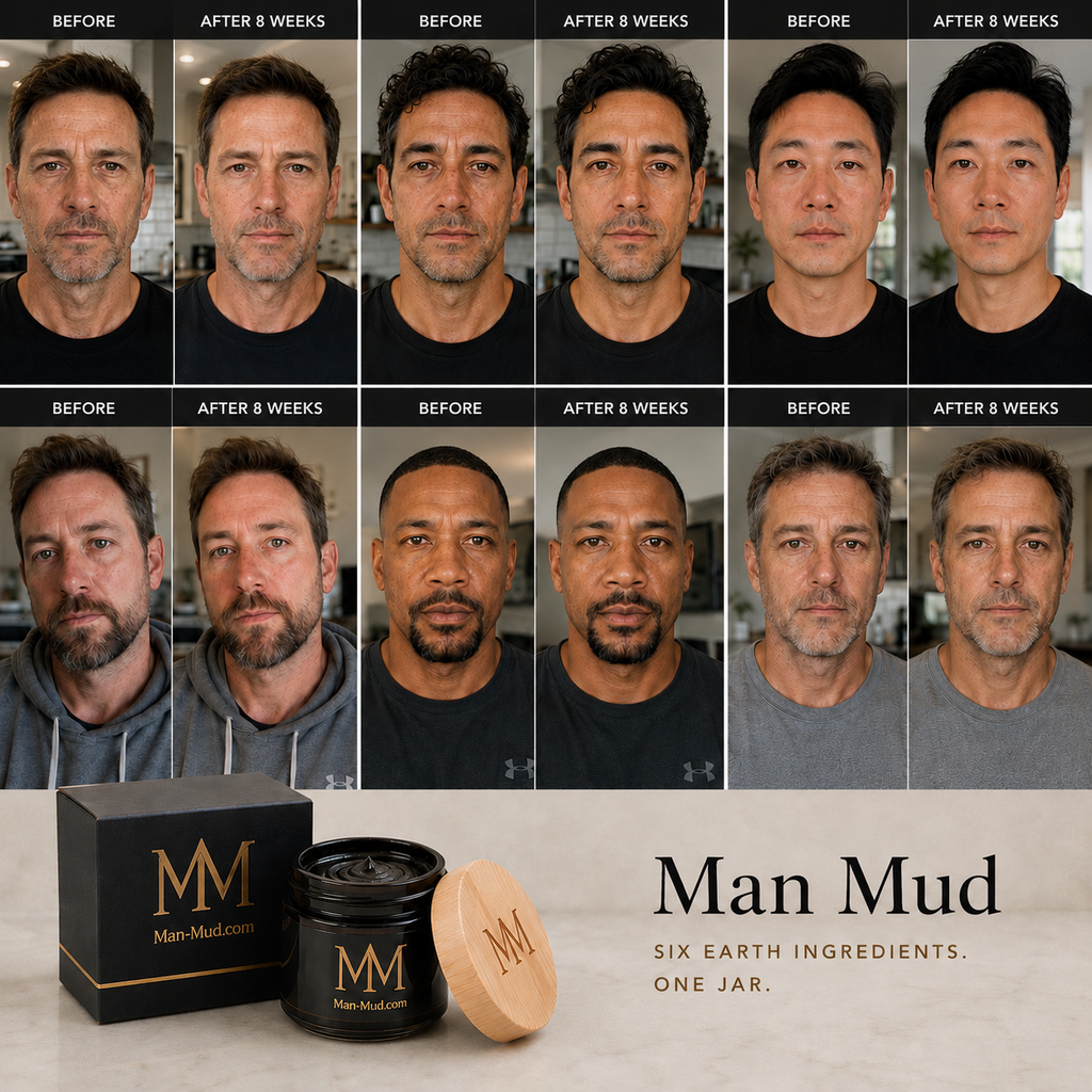 Before & after — 6 men, 8 weeks. Six earth ingredients. One jar.