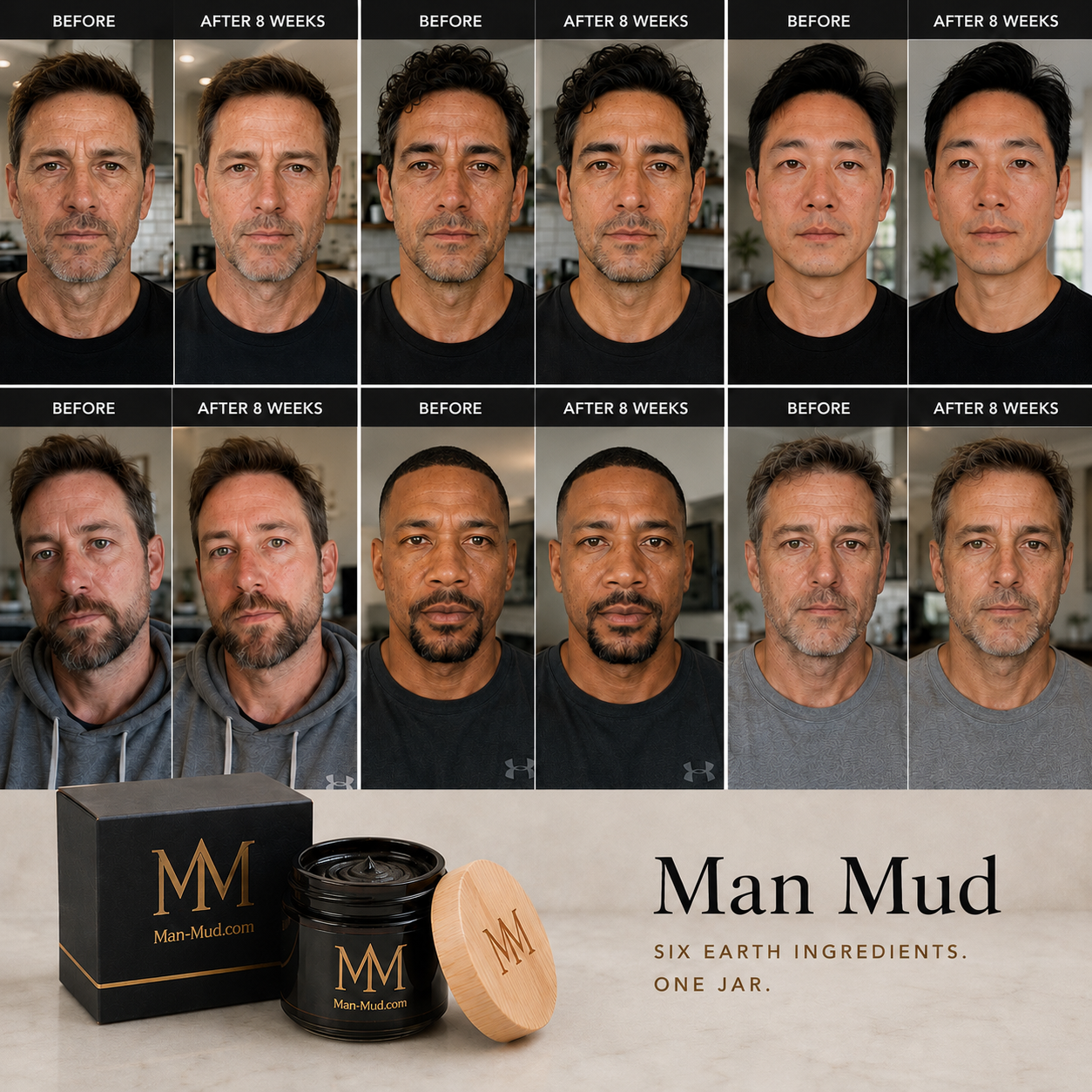 Before & after — 6 men, 8 weeks. Six earth ingredients. One jar.